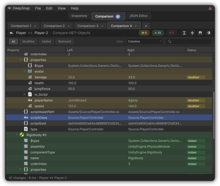 Comparison result in Columns view