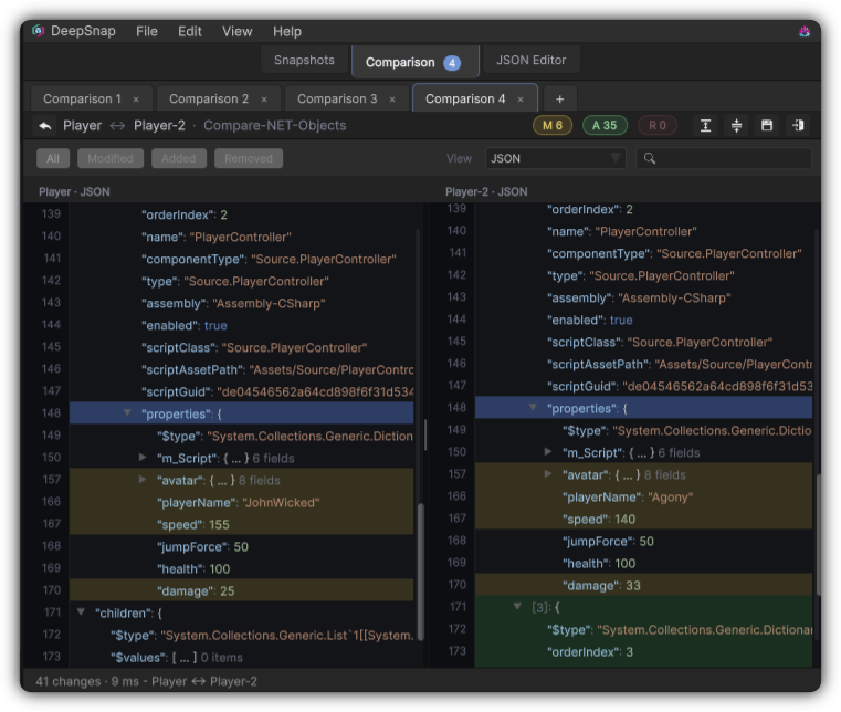 Comparison result in JSON view